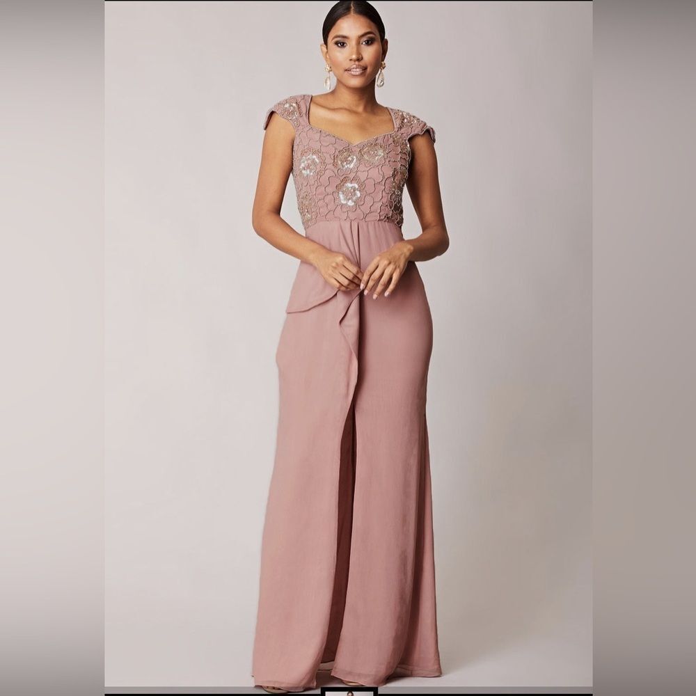 Embroidered Mauve Maxi Dress with Cap Sleeves
